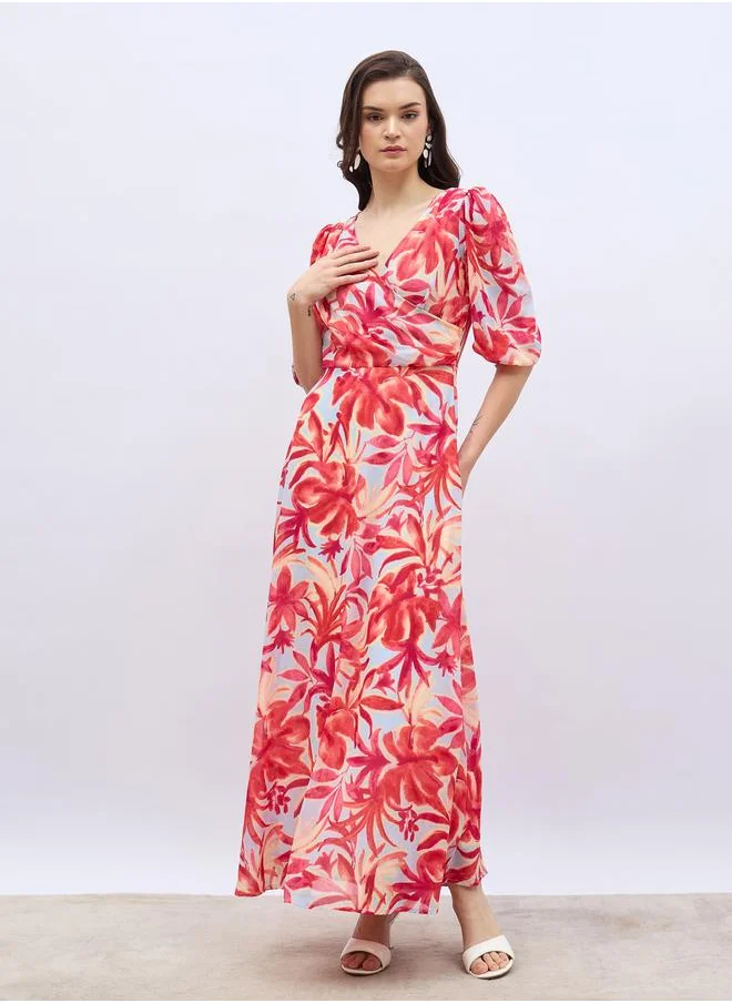ستايلي Styli Women All-Over Floral Print V Neck A-Line Maxi Dress
