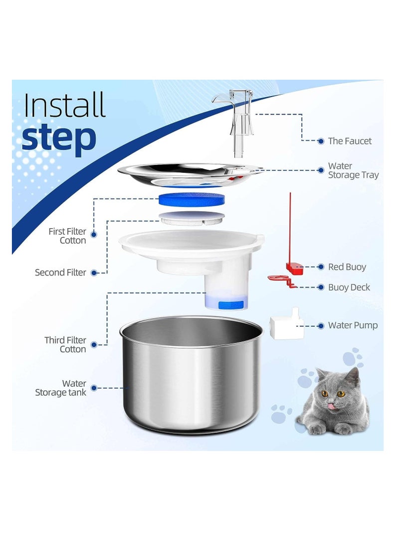 Dubkart - DUBKART Pet Stainless Steel Automatic Water Fountain, 2L Stainless Steel Pet Drinking Fountain,Electric Automatic Easy Clean Water Dispenser Indoor, Water Flow Adjustable Animal Fountain for Cats - Image 1