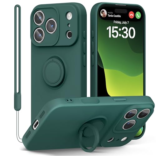 pcgaga Compatible with iPhone 17 Pro Case 6.3 inch, Silicone Slim Design with [Ring Holder Stand] [Wrist Strap] [Microfiber Lining] Shockproof Protective Case Cover for iPhone 17 Pro, Army Green - Image 1