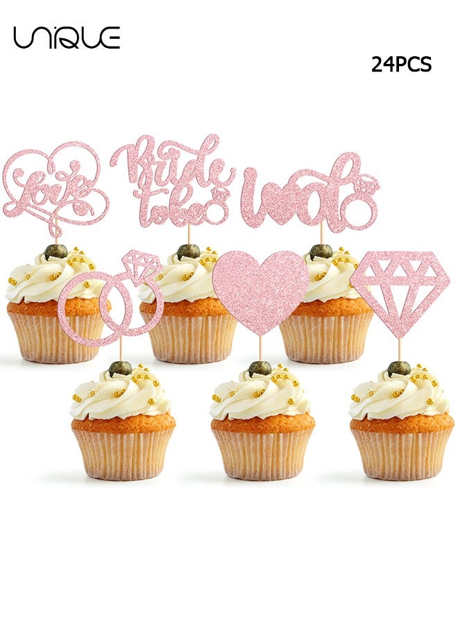 Unique 24 Pack Rose Gold Cake Topper Hat - Bridal Shower Cupcake Toppers Glitter Diamond Ring, Picks Wedding Engagement Bachelorette Party Cake Decorations Supplies  - Image 1