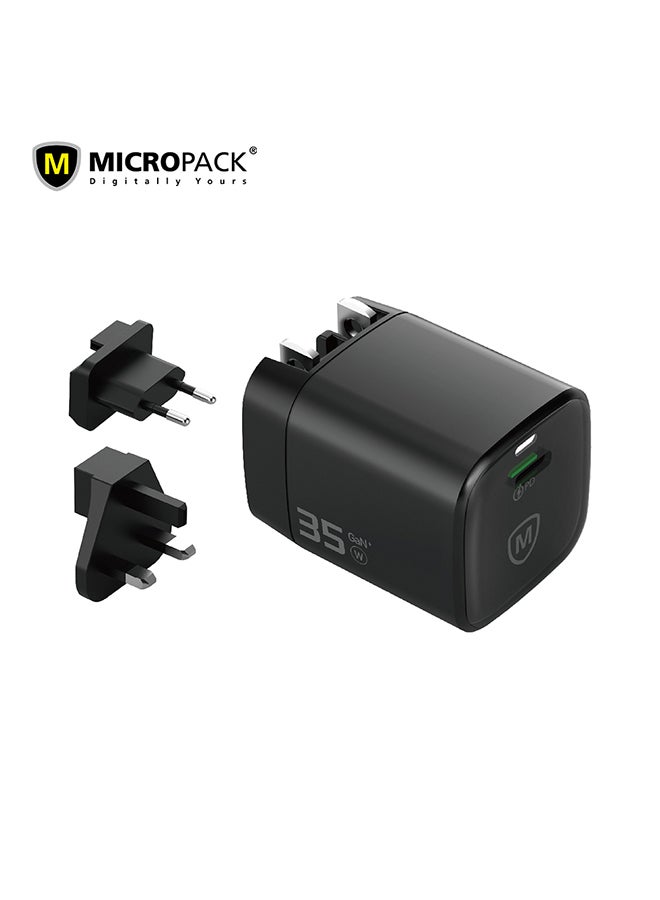 مايكروباك شاحن جداري Micropack MWC-135 بتقنية GaN 35 واط - شحن سريع PD، قابس عالمي، أسود - Image 1