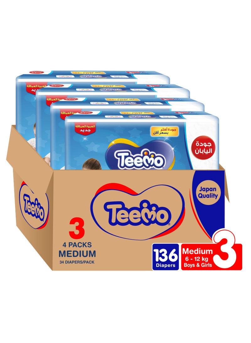Teemo Compressed Diamond Pad, Size 3, Medium, 6-12 Kg, Jumbo Box, 136 Diapers - Image 1