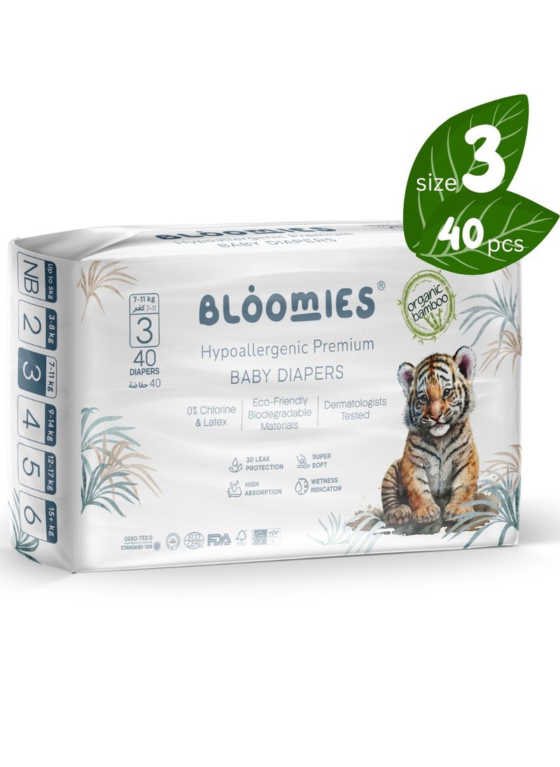 Bloomies - Organic Bamboo Baby Diapers Size 3 (7-11kg baby) 40pcs| Eco-friendly, Hypoallergenic, Non-toxic, Breathable Nappies - Image 1