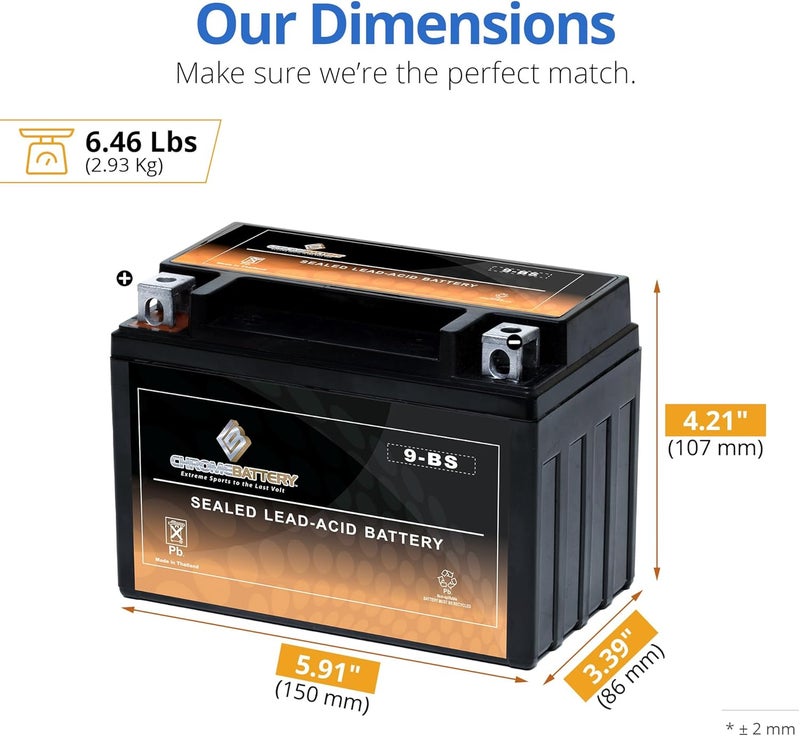 CB CHROMEBATTERY بطارية YTX9-BS 12V 135 CCA AGM – بطارية رياضية خالية من الصيانة للدراجات الرباعية، الدراجات النارية، السكوتر – تناسب هوندا، ياماها، بولاريس، سوزوكي (طرف T3) - Image 3