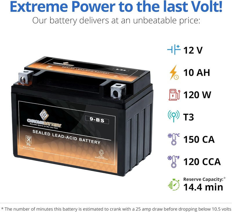 CB CHROMEBATTERY بطارية YTX9-BS 12V 135 CCA AGM – بطارية رياضية خالية من الصيانة للدراجات الرباعية، الدراجات النارية، السكوتر – تناسب هوندا، ياماها، بولاريس، سوزوكي (طرف T3) - Image 4