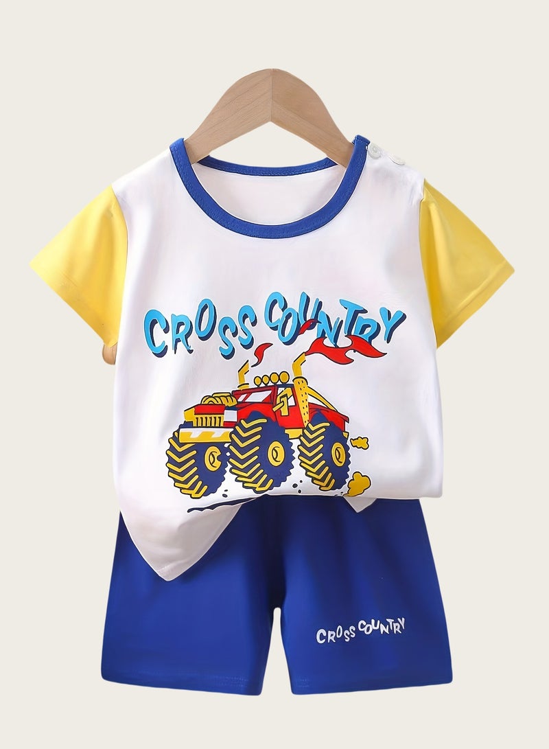 4 boys' shorts and short-sleeved outfits, cool motorcycle excavator cartoon prints - Image 3