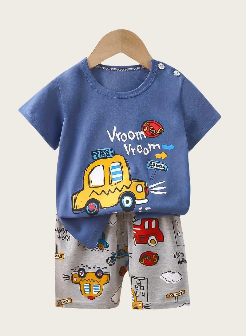 4 boys' shorts and short-sleeved outfits, cool motorcycle excavator cartoon prints - Image 4