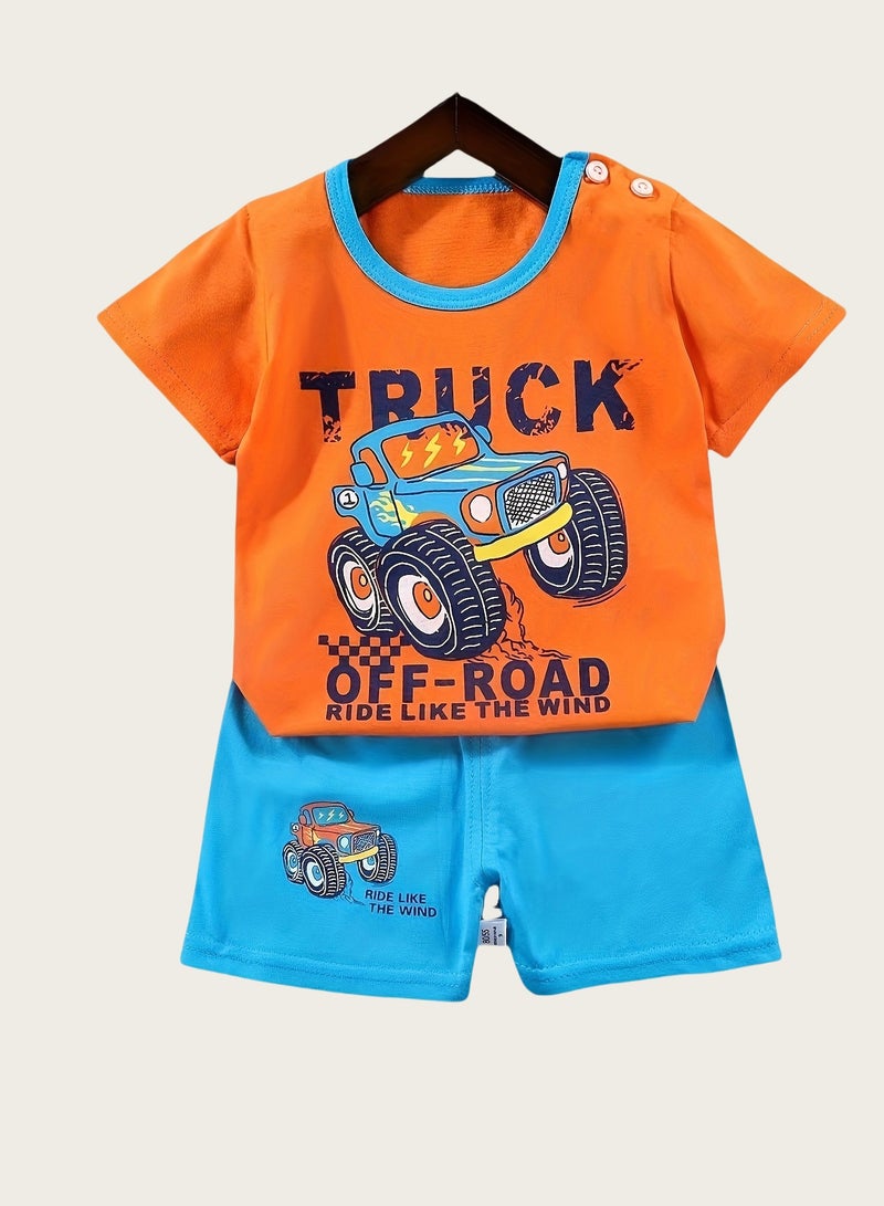 4 boys' shorts and short-sleeved outfits, cool motorcycle excavator cartoon prints - Image 5