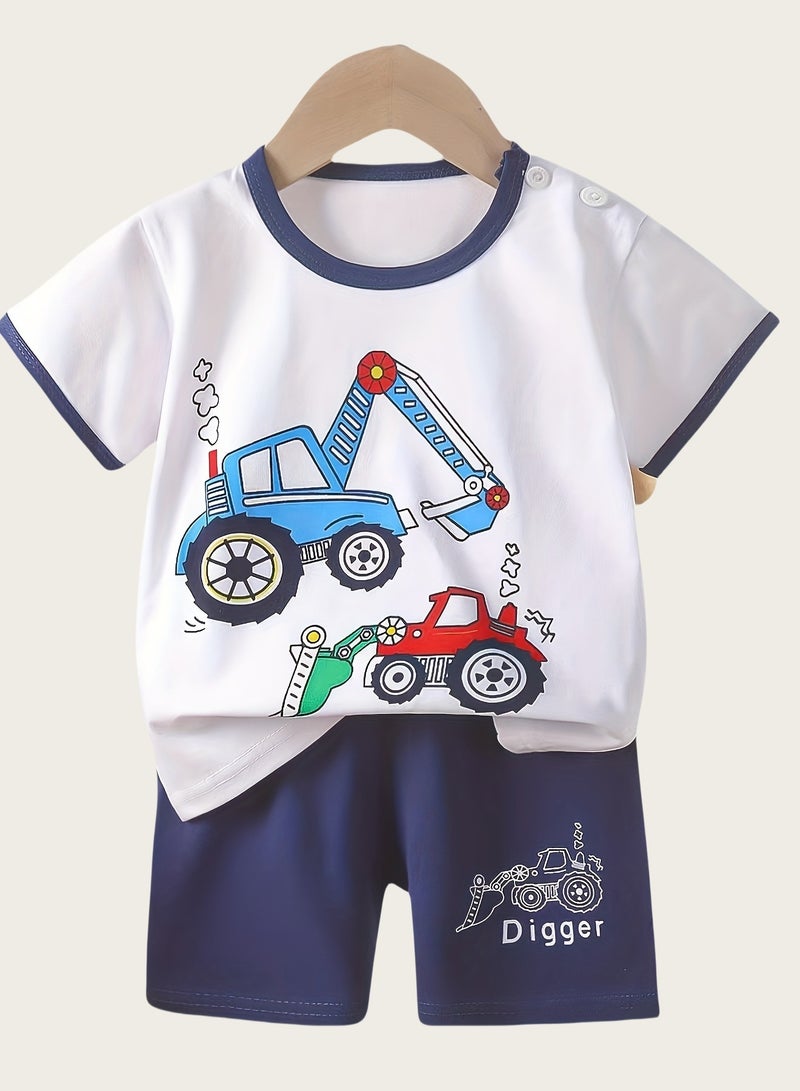4 boys' shorts and short-sleeved outfits, cool motorcycle excavator cartoon prints - Image 2