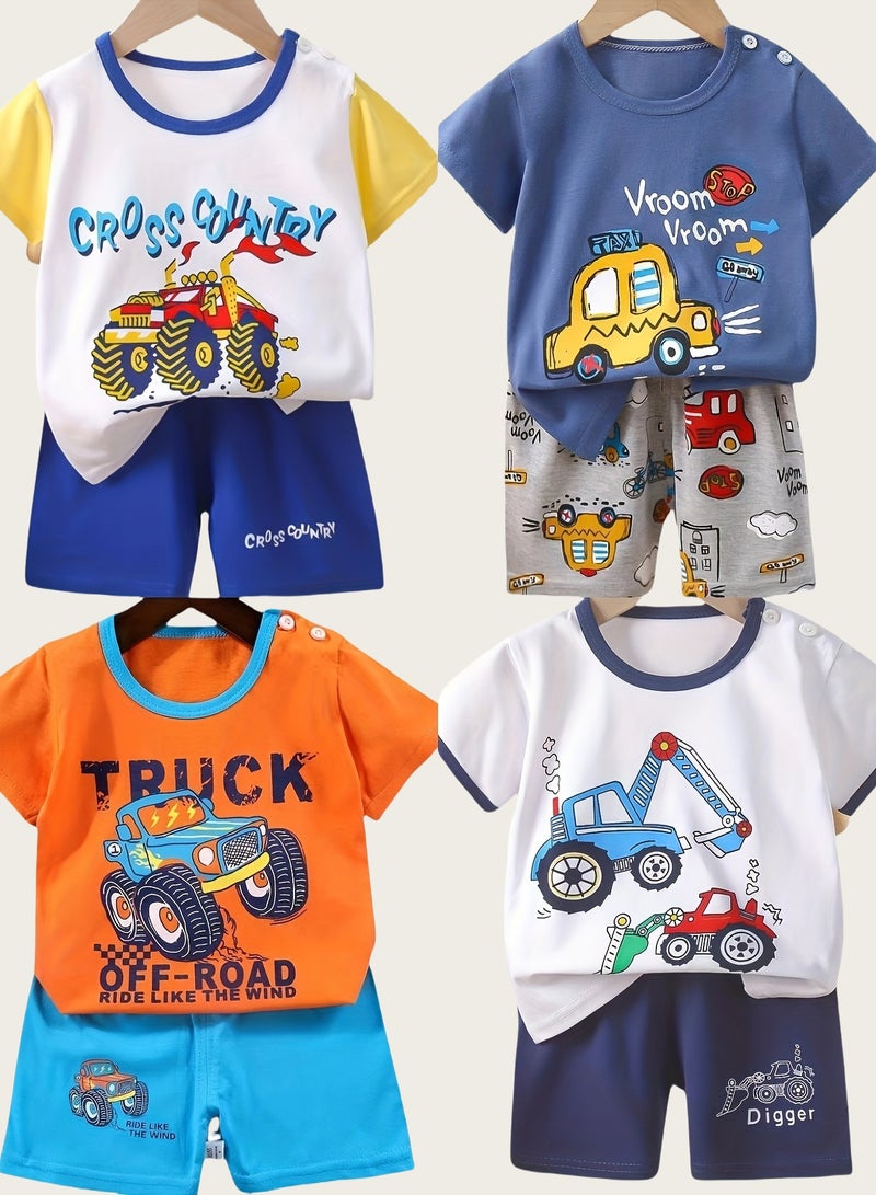 4 boys' shorts and short-sleeved outfits, cool motorcycle excavator cartoon prints - Image 1