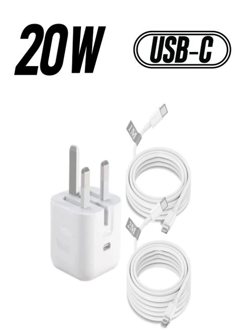 iPhone PD Fast Charger, 20W 3.0 USB C Wall iPhone Charger Plug With 1M+2M Fast Charging Cable,PD 20W USB C Fast Charger Cable and Plug for iPhone 14/13 /12/11 Series/XR/XS/X/8/pad