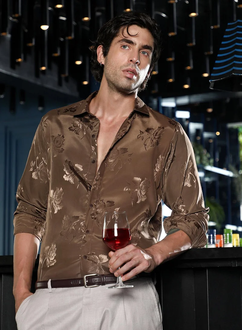Men's Coffee Brown Roses-Jacquard Satin Shirt