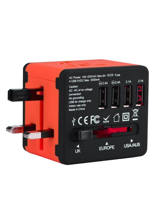 Thoraya US UK EU AU All in One Universal Plug Adapter Travel Wall Outlet Converter 4 USB Port Red  - Image 1