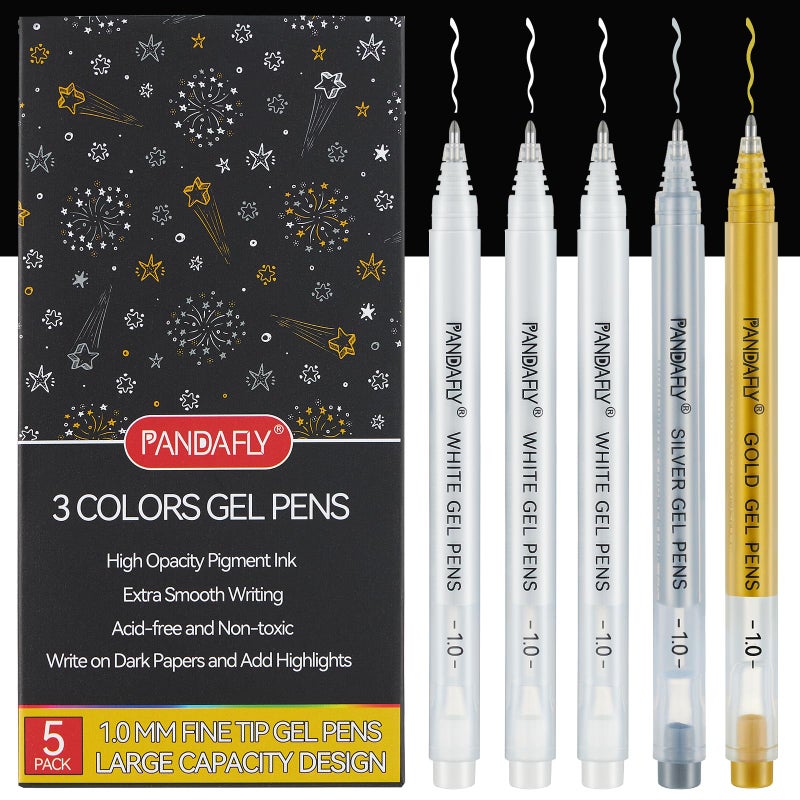 PANDAFLY Gold Silver White Gel Pens, 1mm Extra Fine Point White Pen for Art Highlight & Artists Drawing, Opaque Archival Ink Pens for Black Paper Drawing, Sketching, Illustration, Card Making, 5 Pack - Image 1
