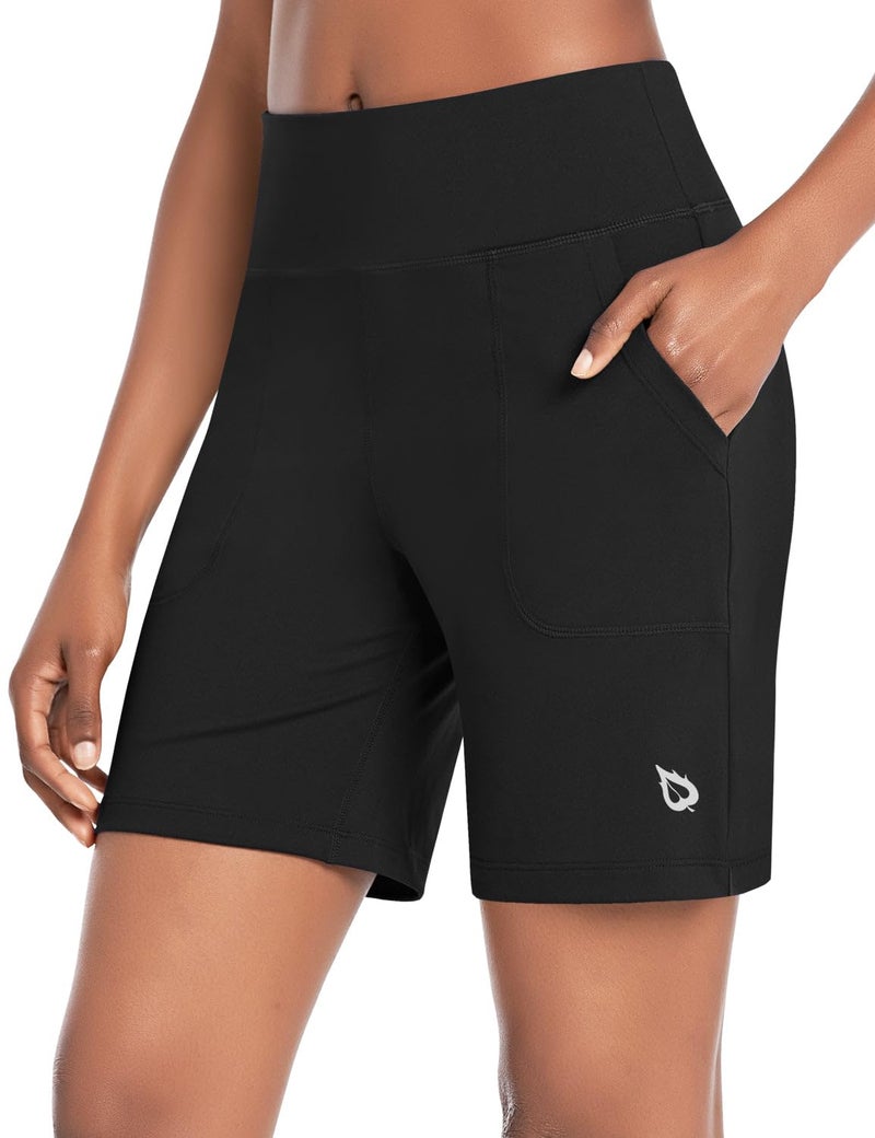 baleaf Women's 7" Athletic Long Shorts High Waisted Running Bermuda Shorts with Pockets Black Large - Image 1