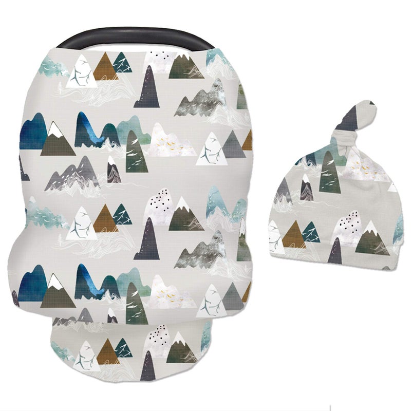 TANOFAR Baby Carseat Cover with Beanie Adventure Mountain Infant Carseat Canopy for Boys Girls Nursing Cover Breastfeeding Scarf for Mom for Stroller High Chair Shopping Cart