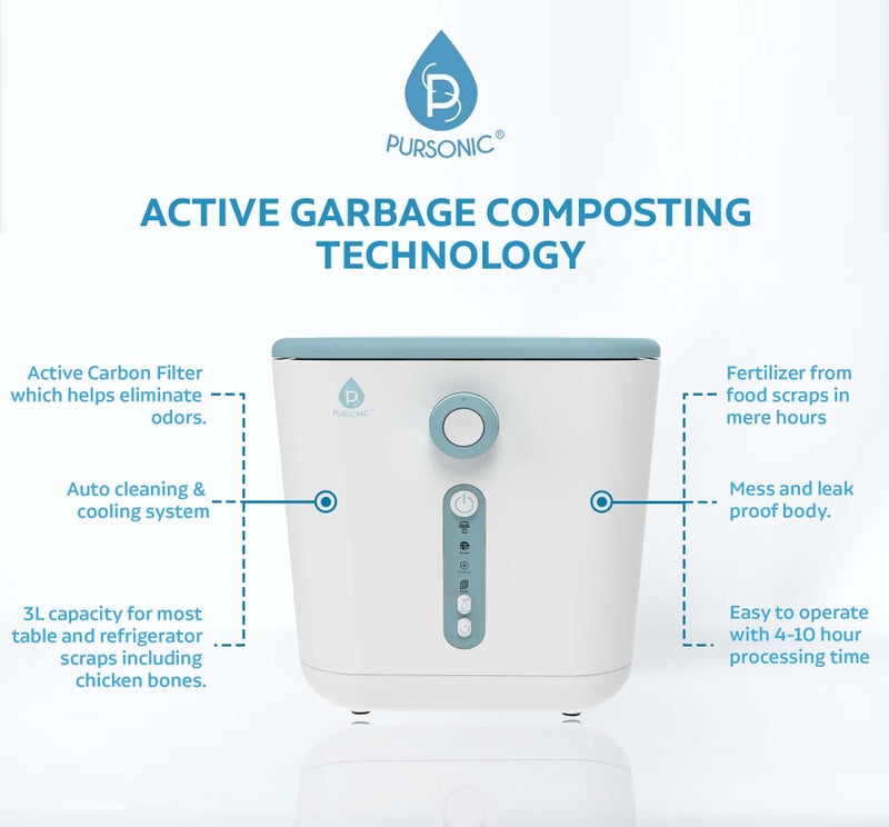 Pursonic Electric Kitchen Composter - 3L Indoor Odorless Smart Composter with Detachable Carbon Filter - Countertop Compost Bin Turns Waste into Natural Fertilizer for Plants (White) - Image 2