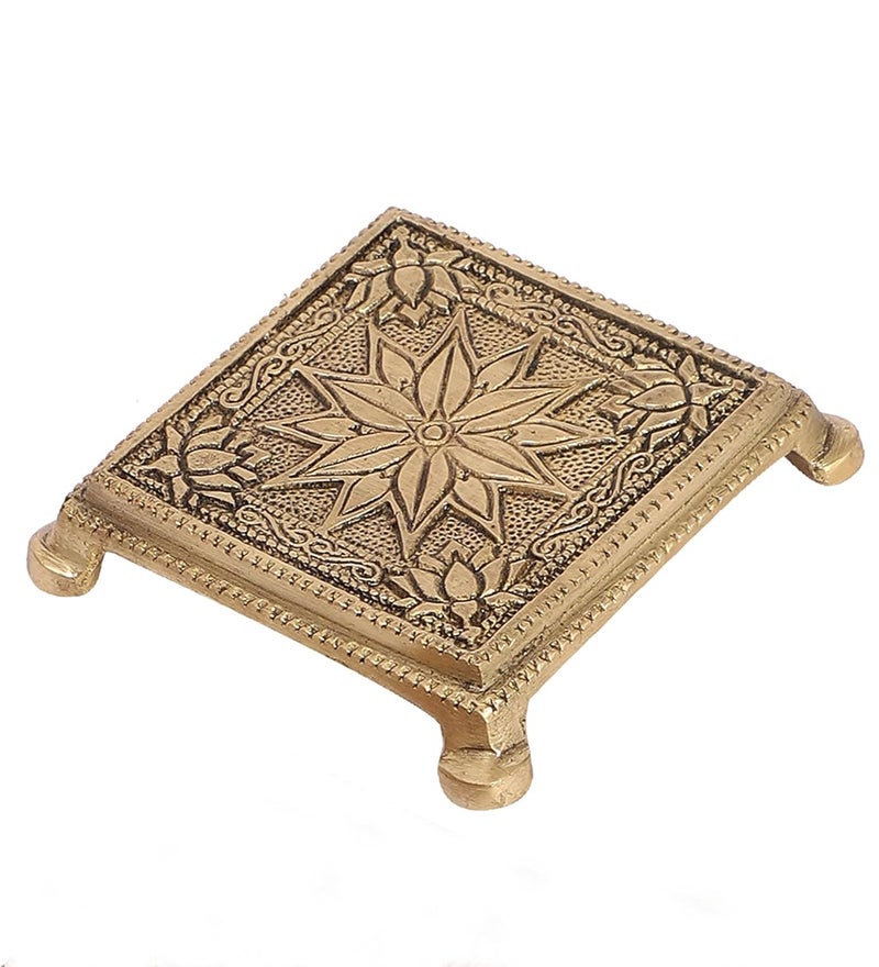 Two Moustaches Lotus Flower Design Brass Pooja Chowki Chowki for God Idols Chowki for Pooja Antique White Standard Pack of 1 - Image 1