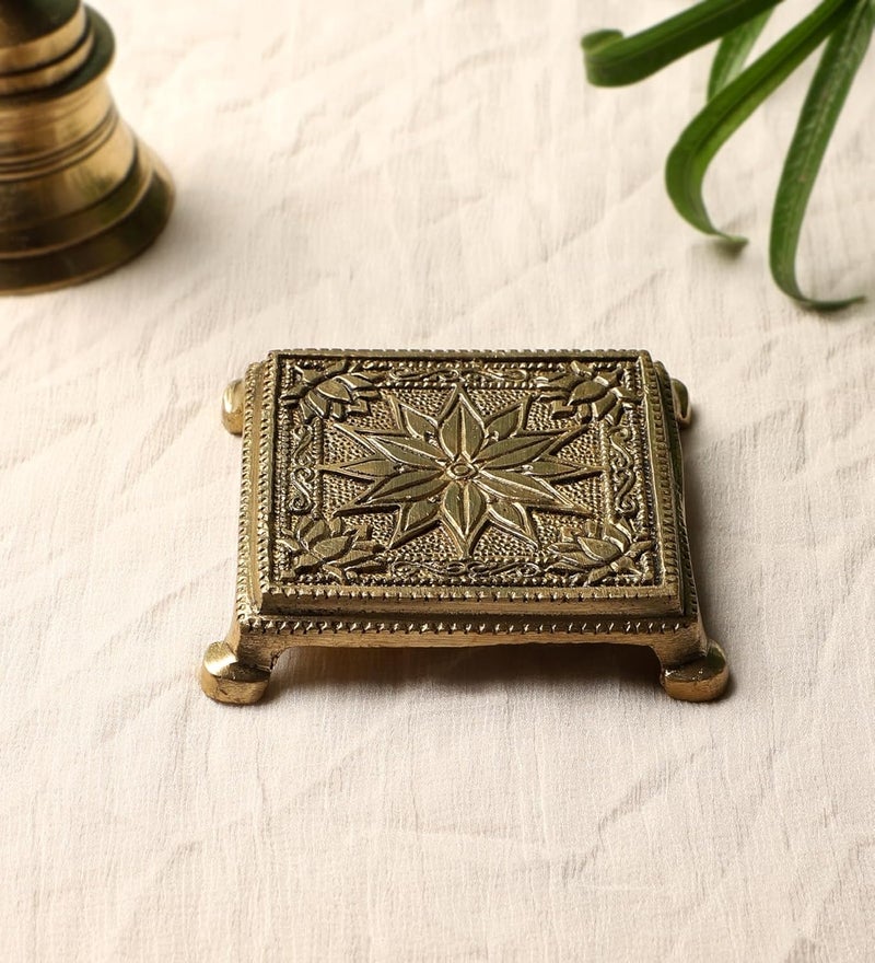Two Moustaches Lotus Flower Design Brass Pooja Chowki Chowki for God Idols Chowki for Pooja Antique White Standard Pack of 1 - Image 3