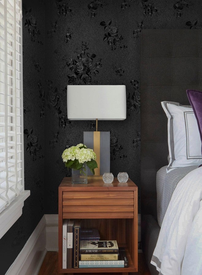Erfoni Black Wallpaper Peel and Stick Wallpaper Black Floral Embossed Contact Paper 17.7inch×118.1inch Removable Textured Flower Wallpaper Self Adhesive Thicken Countertops Cabinets Contact Paper - Image 2