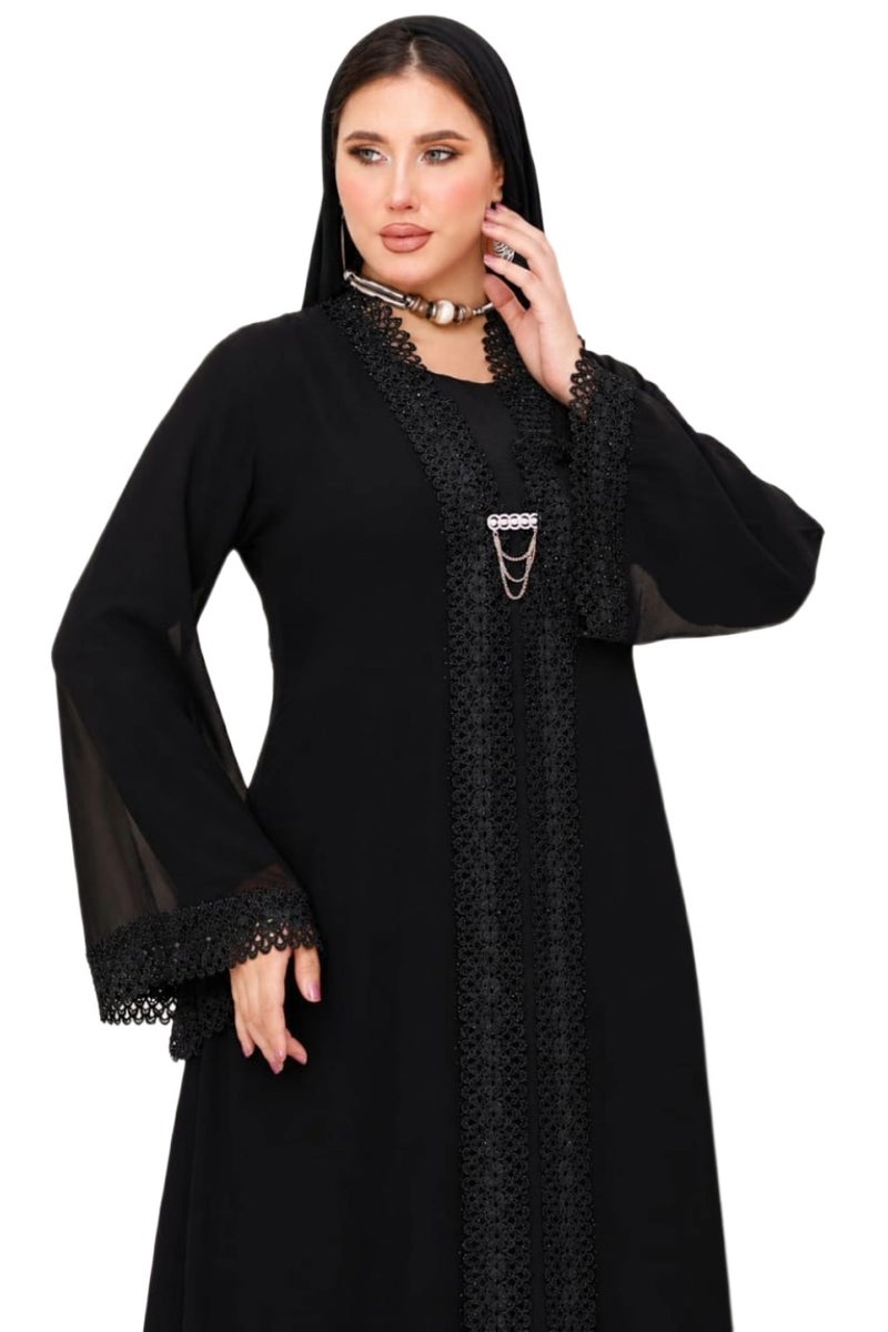 Elegant Black Women's Abaya with Open Design and Embellished Sleeves & Chest, Suitable for Formal & Daily Occasions, Color: Black - Size xl-70kg - Image 4