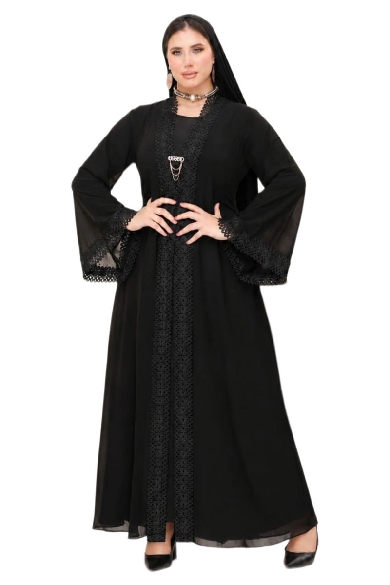 Elegant Black Women's Abaya with Open Design and Embellished Sleeves & Chest, Suitable for Formal & Daily Occasions, Color: Black - Size xl-70kg - Image 1
