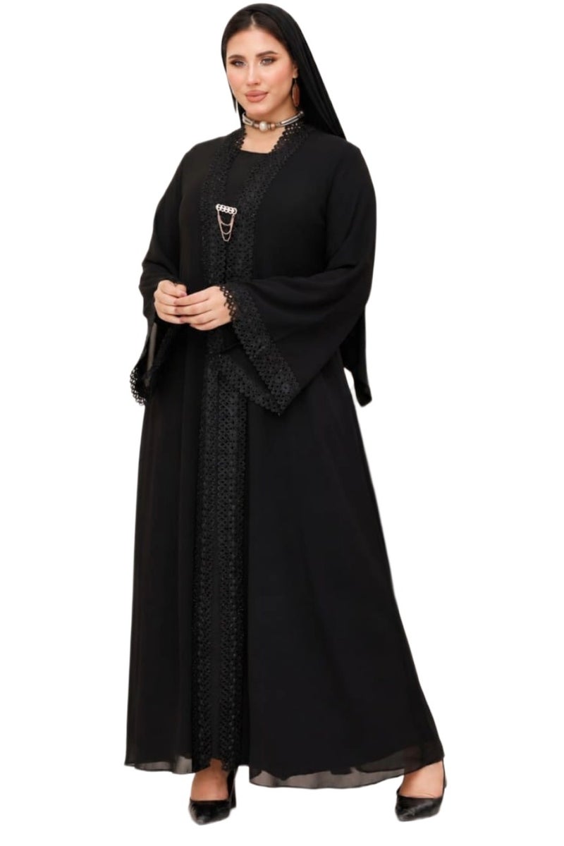 Elegant Black Women's Abaya with Open Design and Embellished Sleeves & Chest, Suitable for Formal & Daily Occasions, Color: Black - Size xl-70kg - Image 5