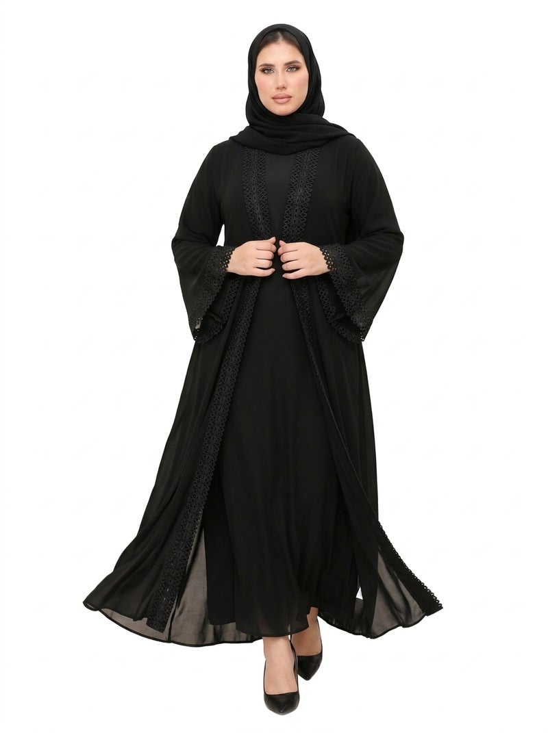 Elegant Black Women's Abaya with Open Design and Embellished Sleeves & Chest, Suitable for Formal & Daily Occasions, Color: Black - Size xl-70kg - Image 3