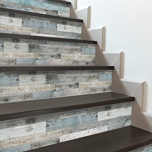 funlife Farmhouse 13PCS Peel and Stick Staircase Stickers SelfAdhesive Waterproof Stair Riser Decals 3937x709 Blue Wood Pattern