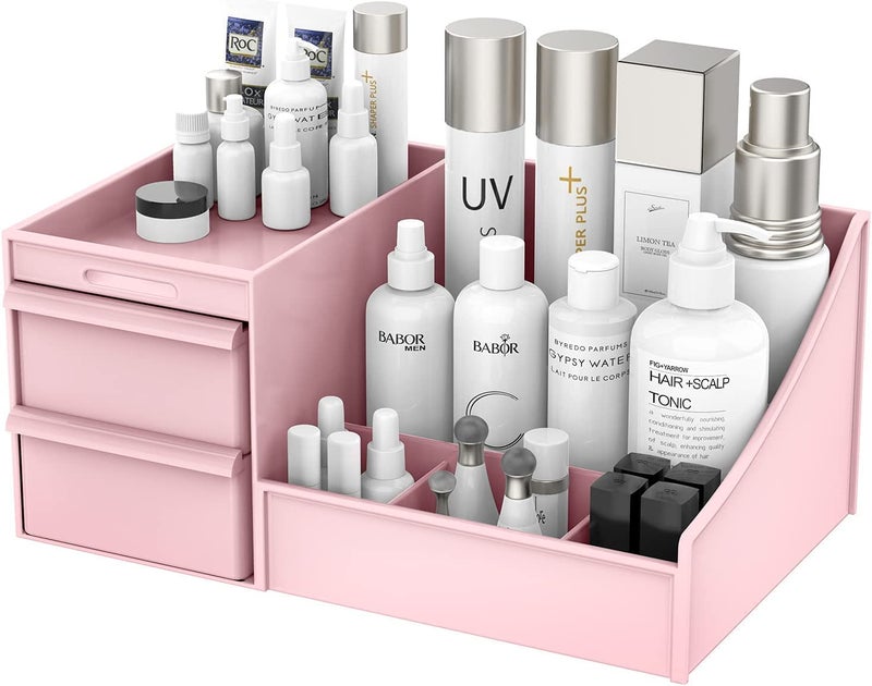 Niralasa Niralasa Makeup Desk Cosmetic Storage Box Organizer with Drawers for Dressing Table, Vanity Countertop, Bathroom Counter, Brushes, Eyeshadow, Lotions, Lipstick & Nail Polish (Pink, Plastic) - Image 1
