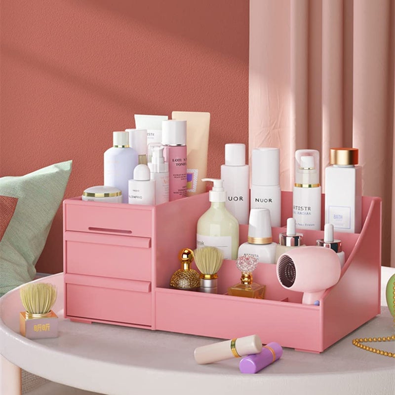 Niralasa Niralasa Makeup Desk Cosmetic Storage Box Organizer with Drawers for Dressing Table, Vanity Countertop, Bathroom Counter, Brushes, Eyeshadow, Lotions, Lipstick & Nail Polish (Pink, Plastic) - Image 3