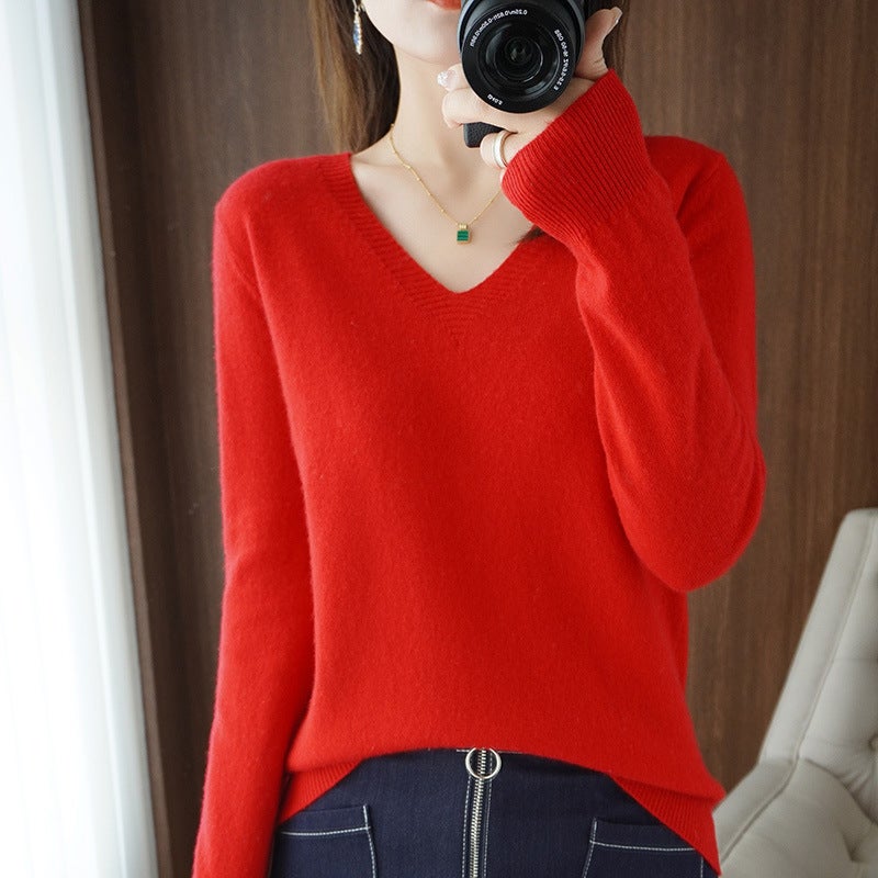 2025 Spring New Pure Color V Neck Knitted Bottoming Shirt Pullover Slimming Look Sweater Thin Style Western Style Inner Wear - Image 4