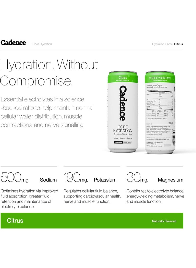 Cadence Core Electrolyte Hydration Drink - Sugar Free, Zero Caffeine - Citrus , 12 x 330ml Cans - Image 3