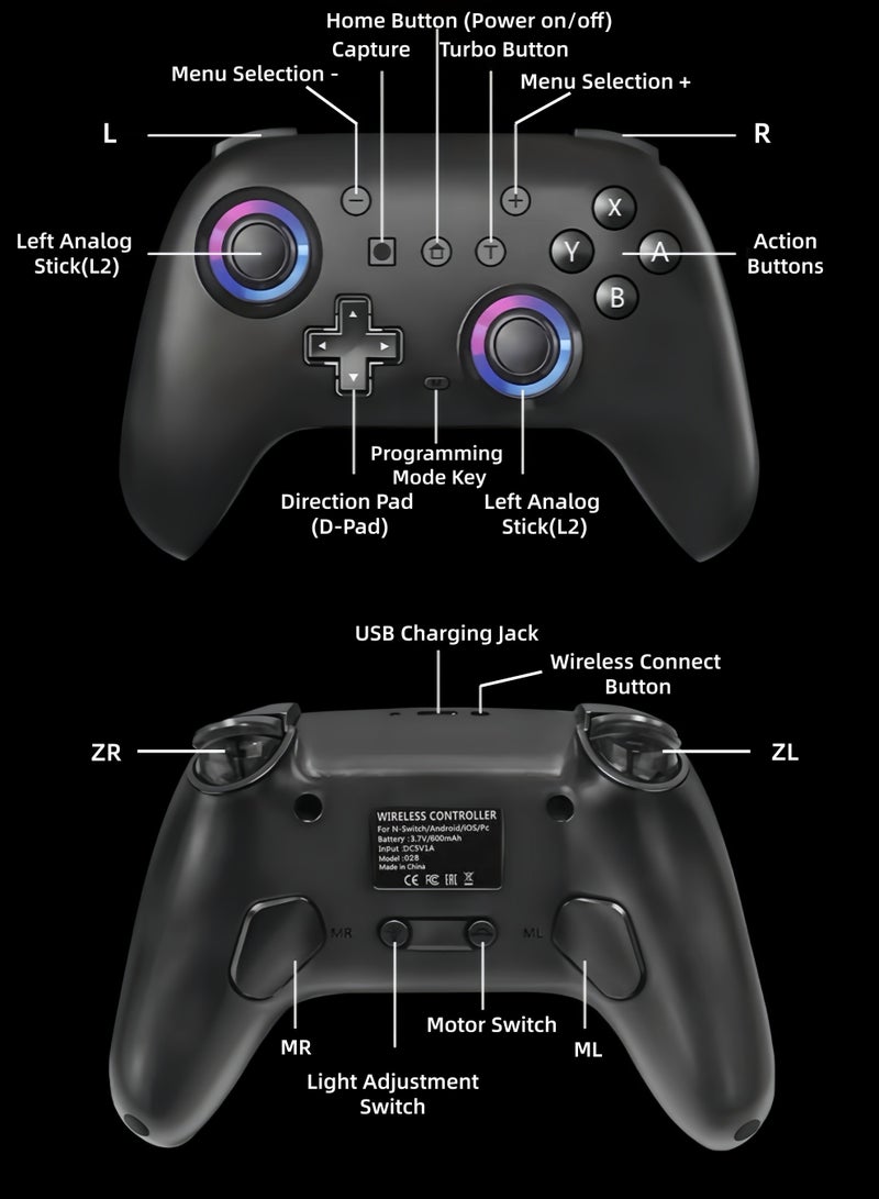 CoolRabbie RGB Wireless Switch Controller for Nintendo Switch 2,Switch Pro Controller for Switch/OLED/Lite/PC/Steam Deck/TV,Gamepad Hall Effect Joystick Trigger with 7 Colors LED Light/3-level TURBO Adjustable,4-Speed Dual Vibration,Support Wake Up and Gyro Axis Motion - Image 2