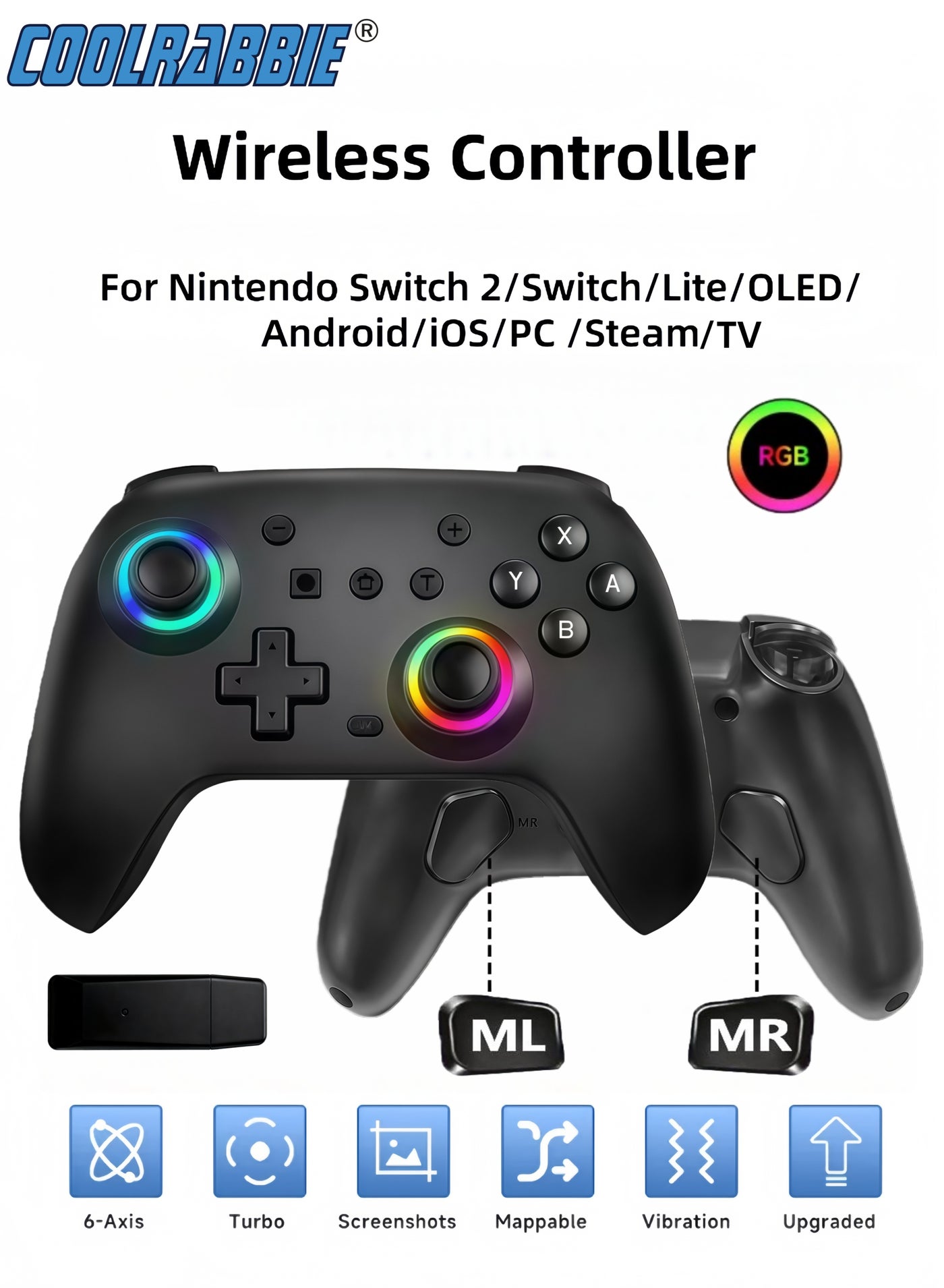 RGB Wireless Switch Controller for Nintendo Switch 2,Switch Pro Controller for Switch/OLED/Lite/PC/Steam Deck/TV,Gamepad Hall Effect Joystick Trigger with 7 Colors LED Light/3-level TURBO Adjustable,4-Speed Dual Vibration,Support Wake Up and Gyro Axis Motion