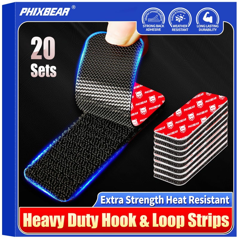 PHIXBEAR 20 Sets Super Adhesive Hook and Loop Strips Heavy Duty, Heat Resistant Waterproof, Outdoor or Indoor Use, Black 1.2x3.2 Inch - Image 1