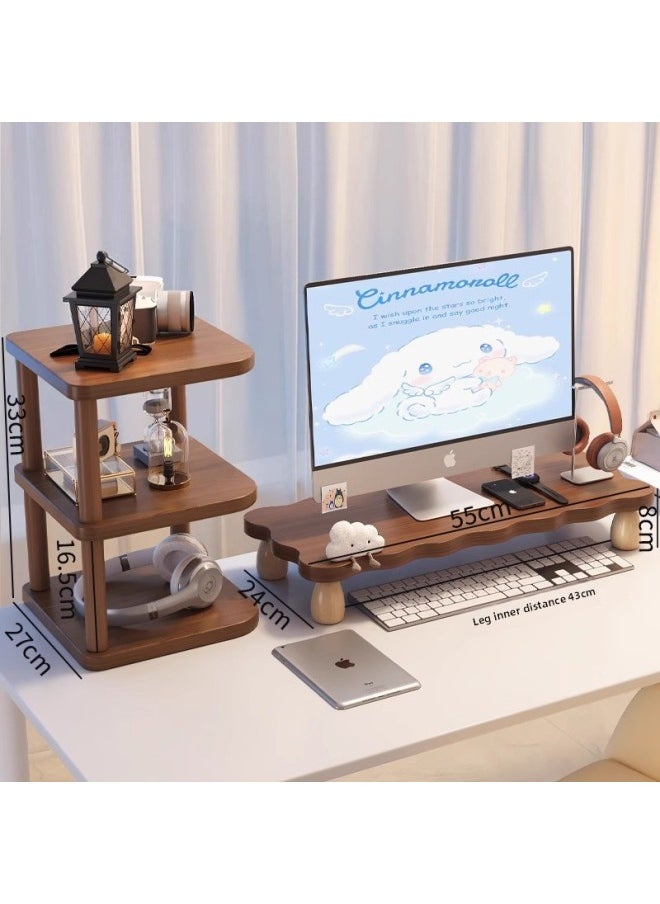 Generic - Desktop Computer Elevated Rack Monitor Elevated Rack Table Board Keyboard Bracket Display Screen Pad Elevated Base Elevated Bracket-Color:Combination Set Of Cloud-shaped Black Walnut [55cm Long And 24cm Wide] [double-layer Storage Rack] - Image 1