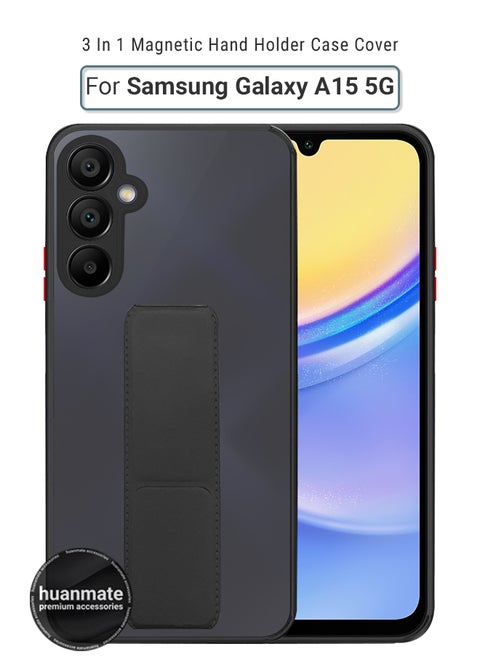 Samsung Galaxy A15 5G Magnetic Case With Hand Grip Holder & Kickstand - Strong Grip for Magnetic Car Holder, Stylish & Functional, Ultimate Convenience & Hands-Free Viewing - Black