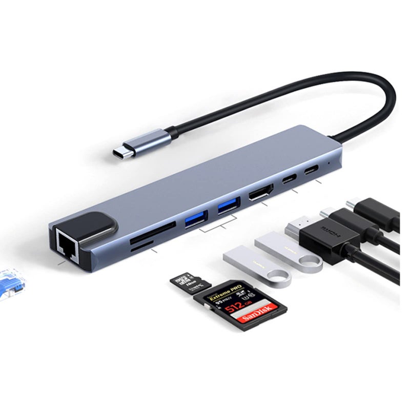 8-in-1 USB C Hub - Type-C to HDMI 4K@30Hz, USB 3.0 Ports, Ethernet, PD100W Charging, SD/TF Card Reader for USB C Laptops and Type-C Devices