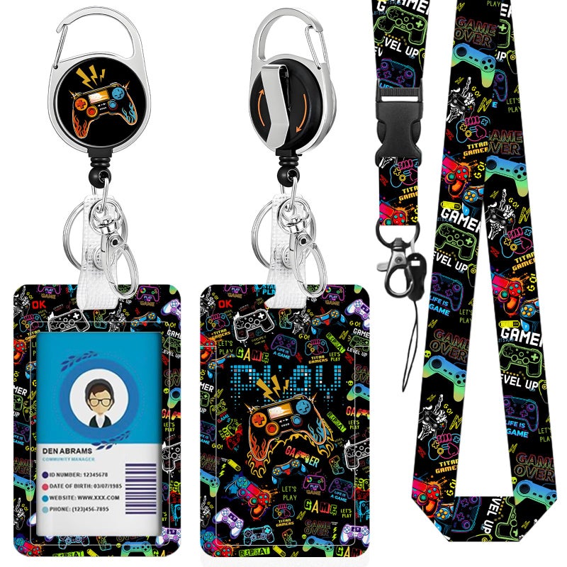 NIWPKDCE Gamepad Badge Holder with Boys Lanyard, Game ID Badge Holder with Retractable Reel Clip and Keychain, Gamer Vertical Identity Card Cover Case Protector for Nurse Lovers - Image 1