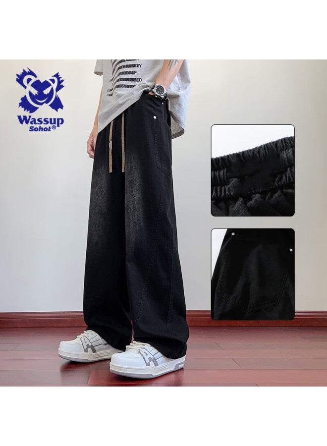 Wassup Sohot Men's Denim Jeans Autumn High Street Loose Straight American Trendy Plus Size Casual Pants Black XL - Image 1
