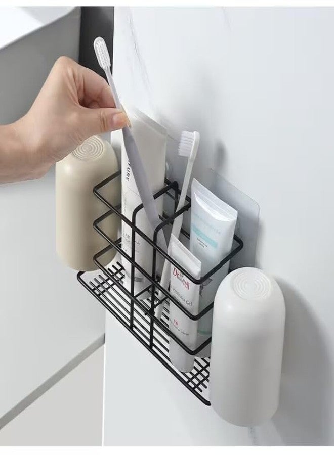 KYMIO Bathroom Toothbrush Holder Wall Mounted Adhesive Toothpaste Organizer Bathroom Accessories Stand Rust Proof Metal Storage Rack for Tooth Brush Cup Razor Comb Bathroom Shelf - Image 2
