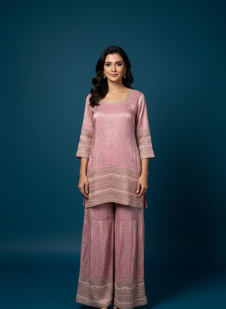 Elegant rose pink silk sharara set with gota patti embroidery and organza dupatta — Sharara Set — view 2 | Lehar Clothing UAE