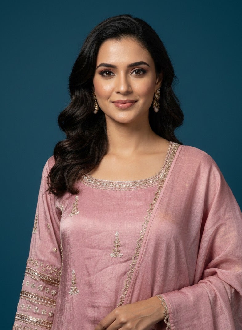 Elegant rose pink silk sharara set with gota patti embroidery and organza dupatta — Sharara Set — view 3 | Lehar Clothing UAE