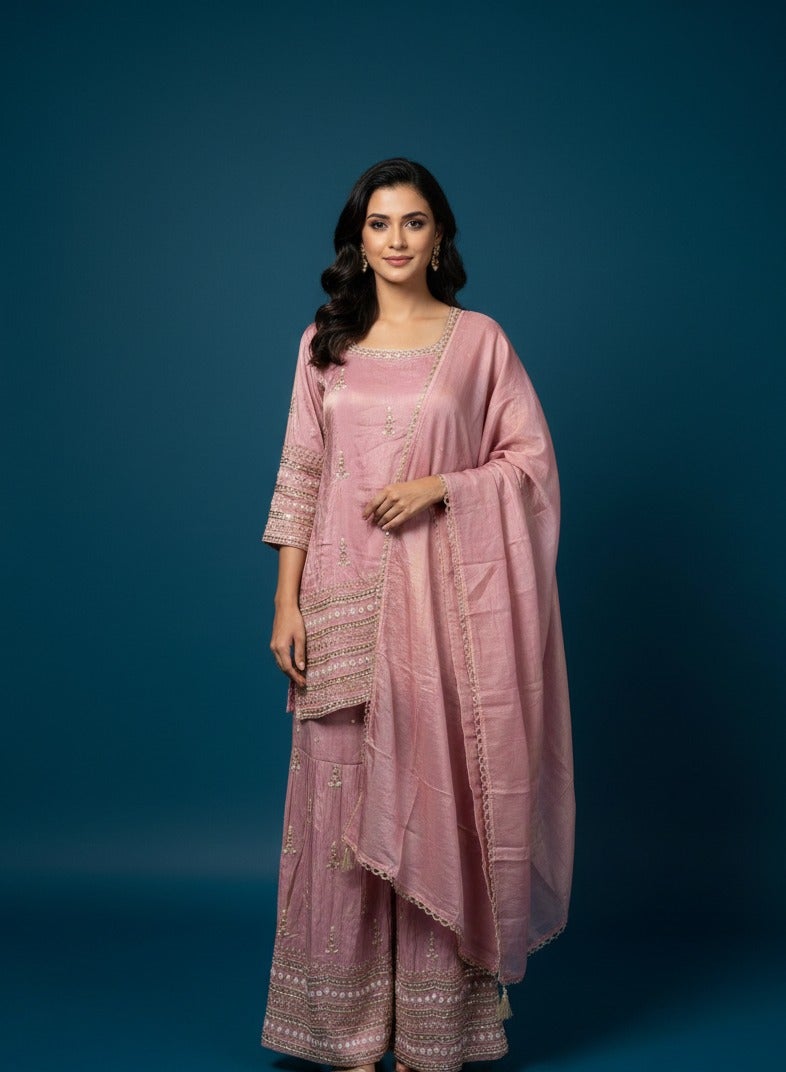 Elegant rose pink silk sharara set with gota patti embroidery and organza dupatta — Sharara Set | Lehar Clothing UAE