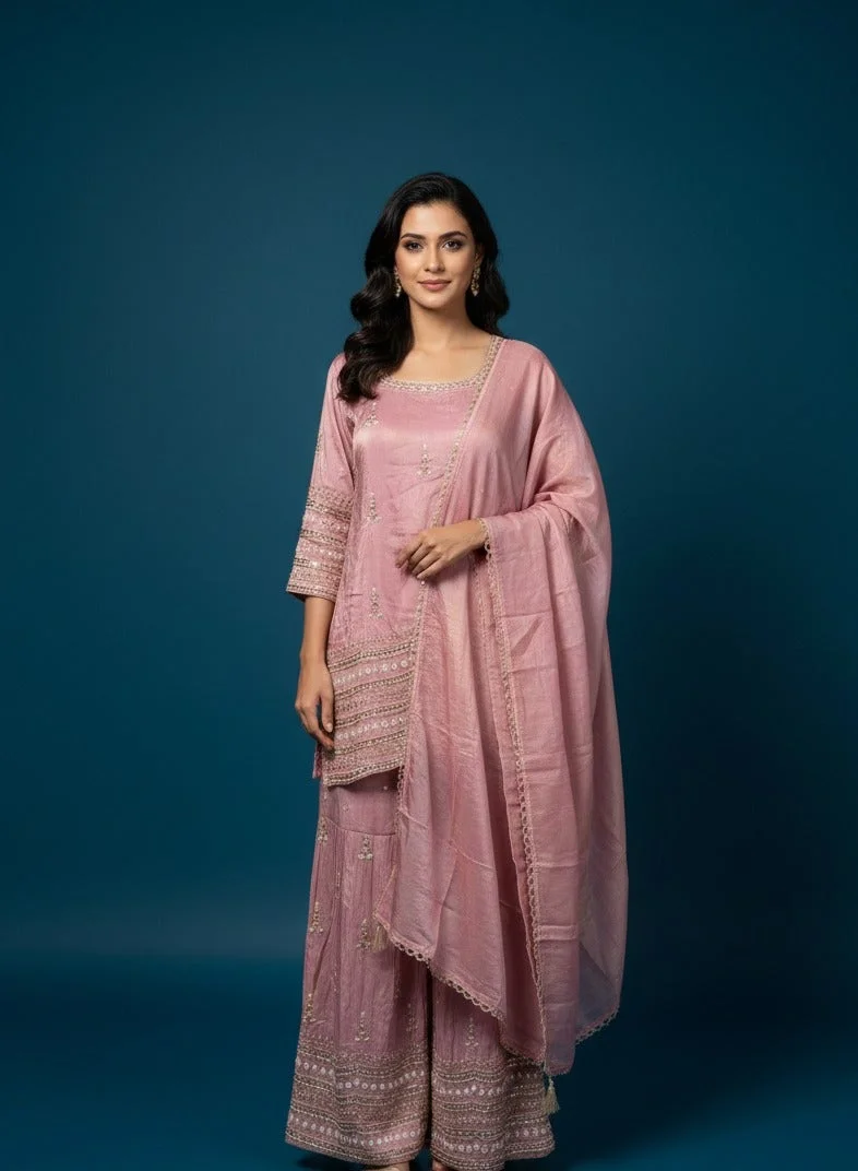 Lehar Elegant Rose Pink Silk Sharara Set with Gota Patti Embroidery and Organza Dupatta