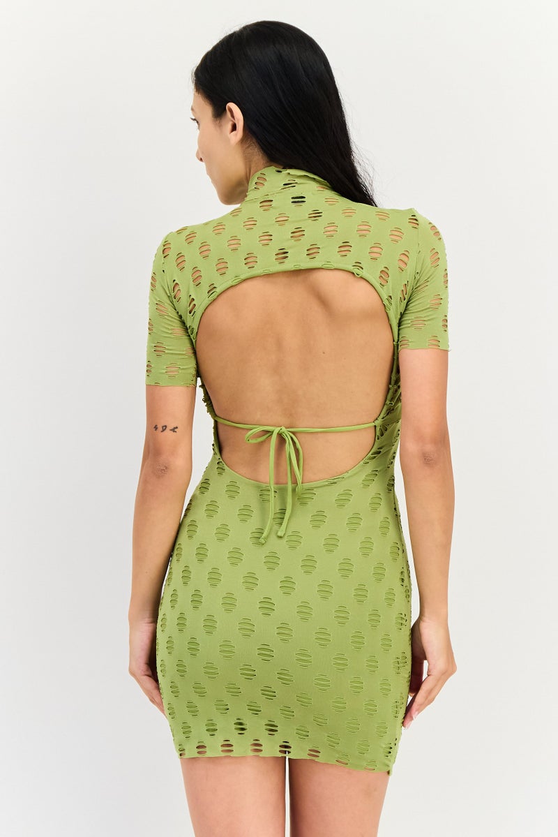 Bershka Women Eyelet Short Sleeve Mini Dress, Avocado - Image 4