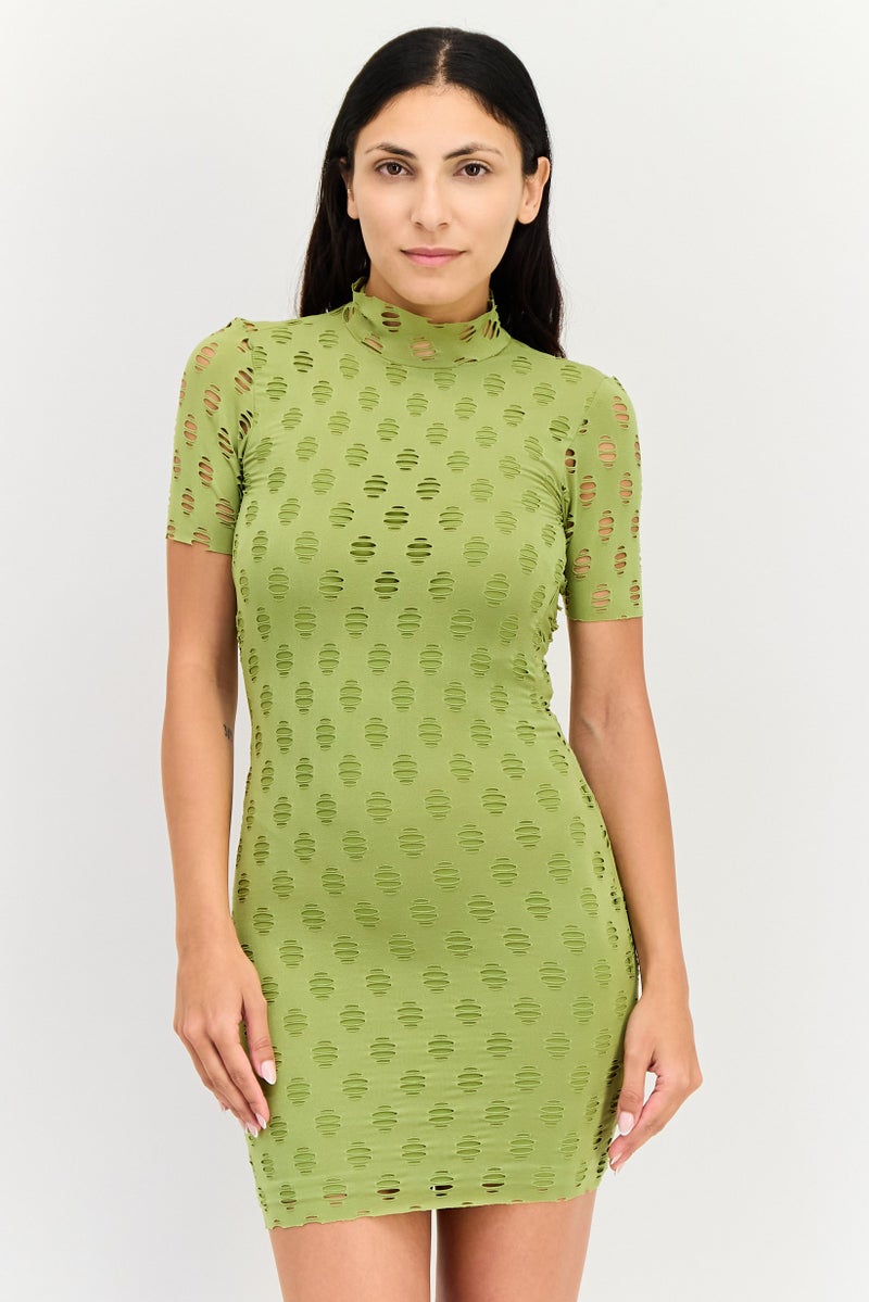 Bershka Women Eyelet Short Sleeve Mini Dress, Avocado - Image 1