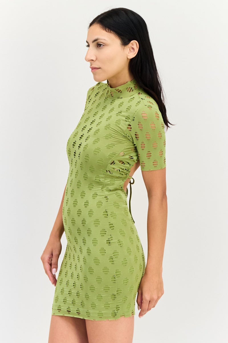 Bershka Women Eyelet Short Sleeve Mini Dress, Avocado - Image 2