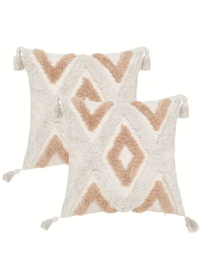 Boho Embroidery Tufted Pillow Covers 12x20 Inch Set Of 2 Neutral Couch Decor - Image 5